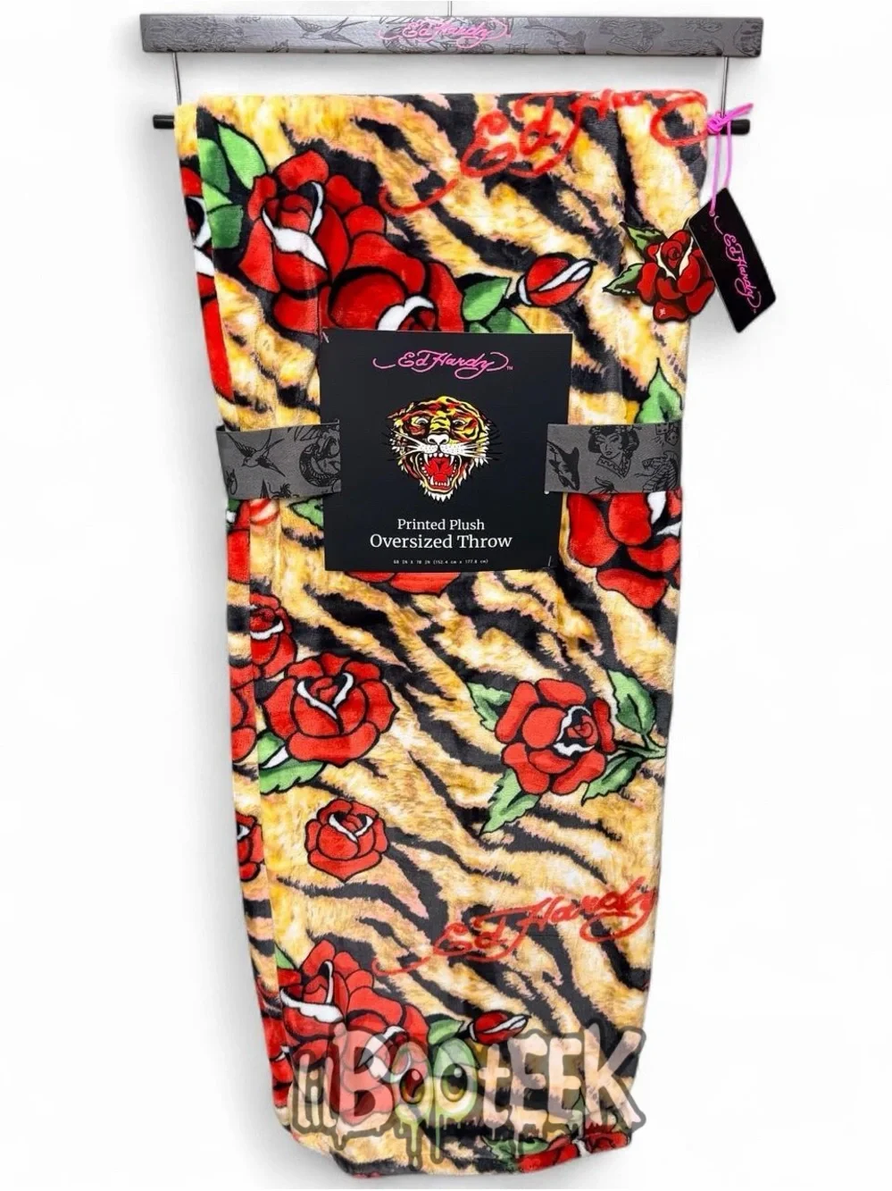 Ed Hardy Tiger Print w Roses & Logo Printed Plush Oversized Throw Blanket